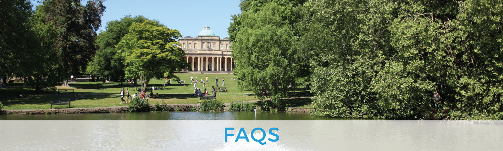 Lush green park with a building in the background and 'FAQs' text overlay.